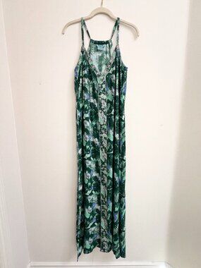 Letarte Hand Made Tropical Palm Sequin Embroidered V Neck Maxi Dress M